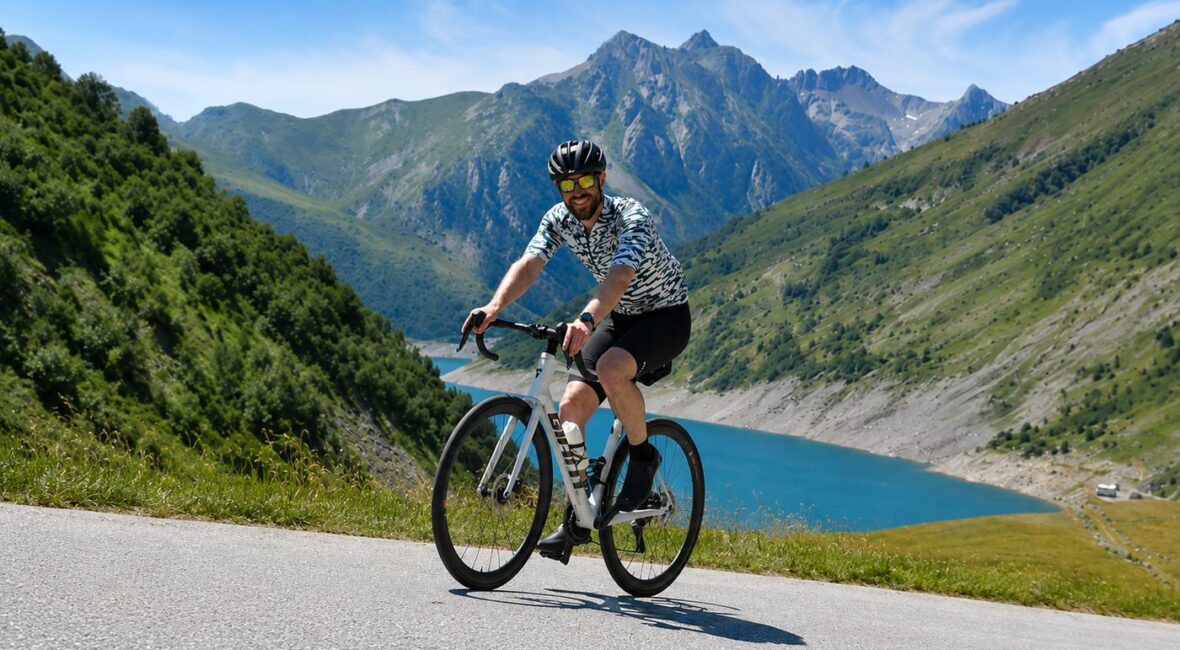 Emil Brandt Rex paa racercykel paa vej op ad Col du Glandon med Lac de Grand Maison og alpetinder bag sig
